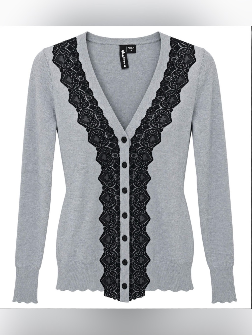 Charlotte Tarantola Gray Cardigan Sweater with Black Lace Trim, 100% Cotton
